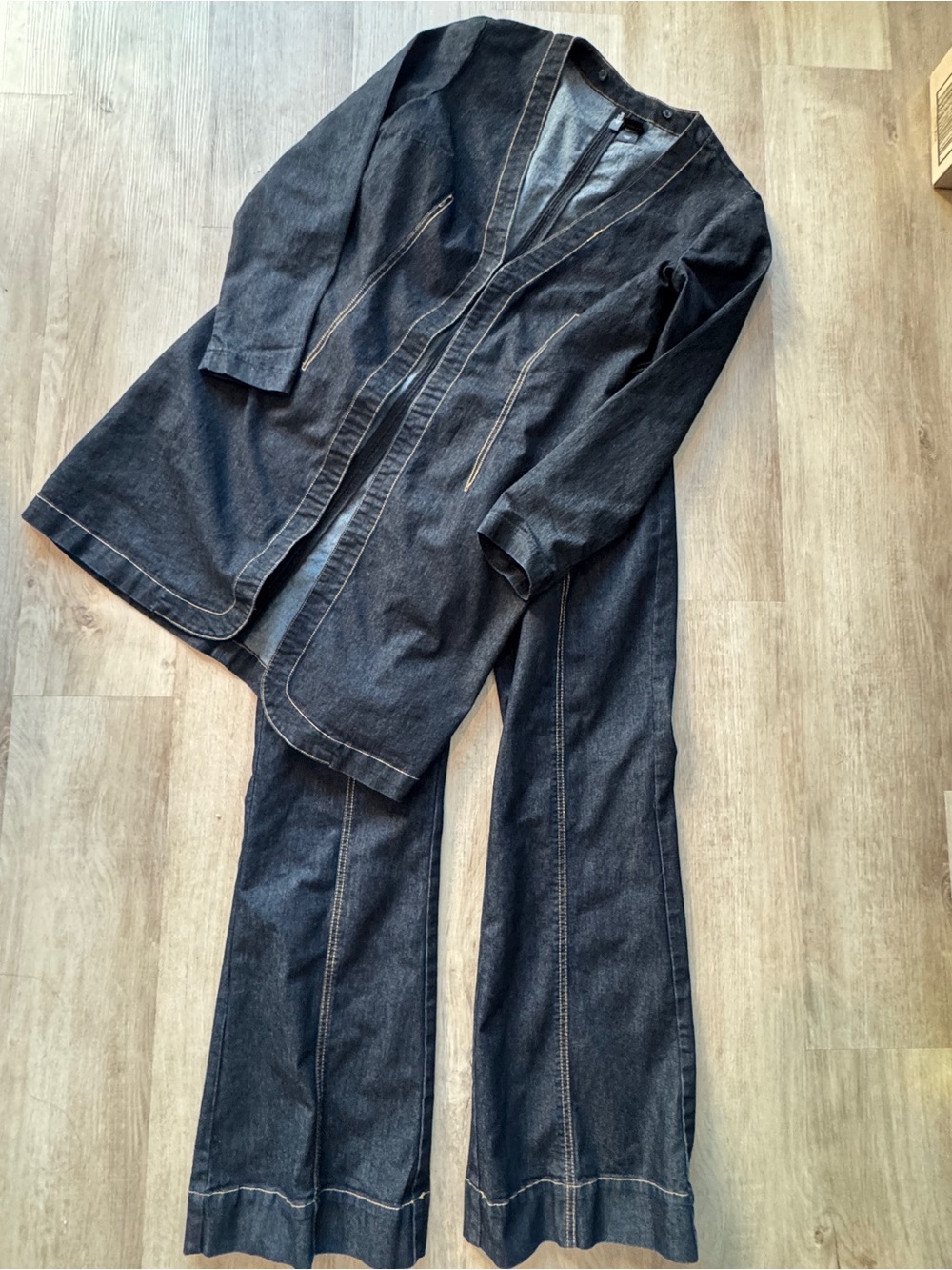 Y2K Bisou Bisou Denim Longline Jacket and Low Rise Flare Jeans sz 10